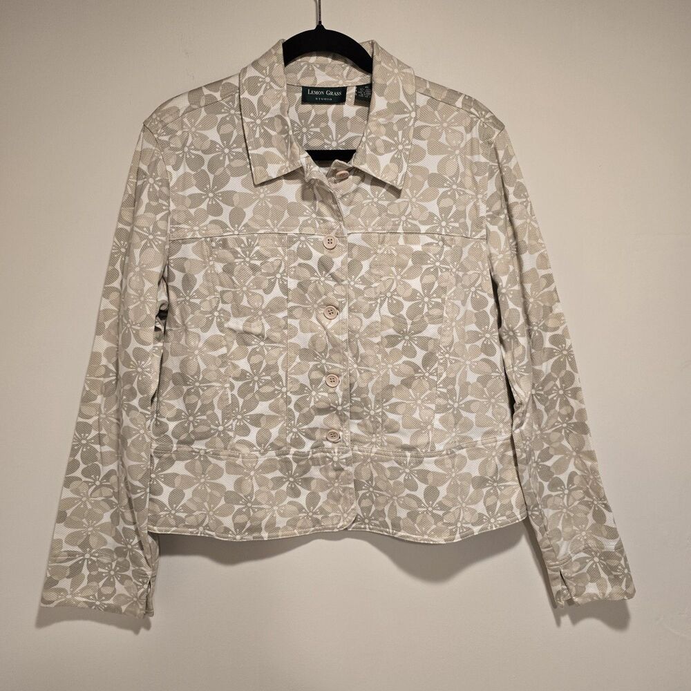 Vintage Lemon Grass Floral Button Up Jacket Blazer Women XL Beige White 90s Prep